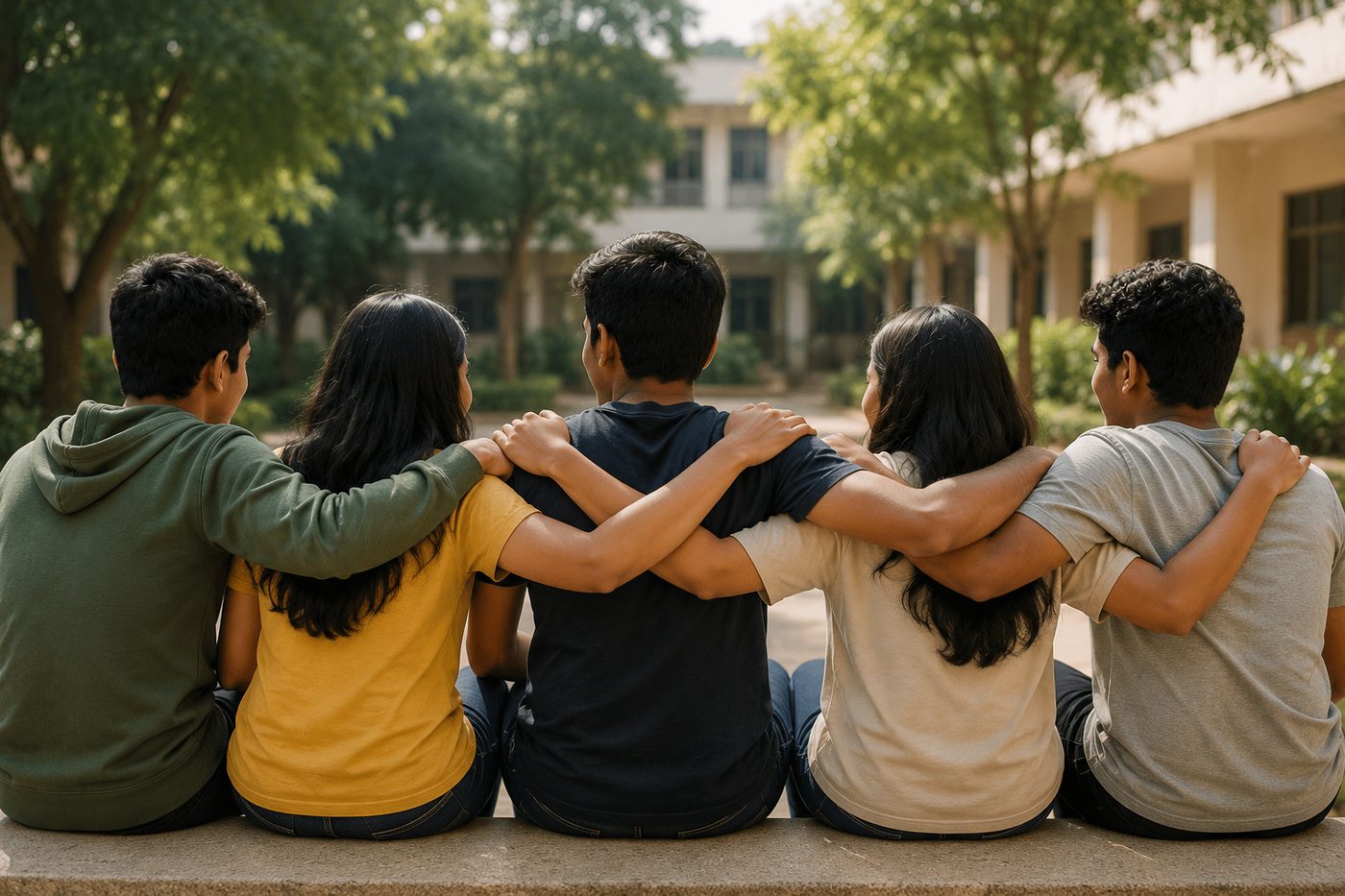 Five young people sitting together with arms around each other's shoulders in a school courtyard