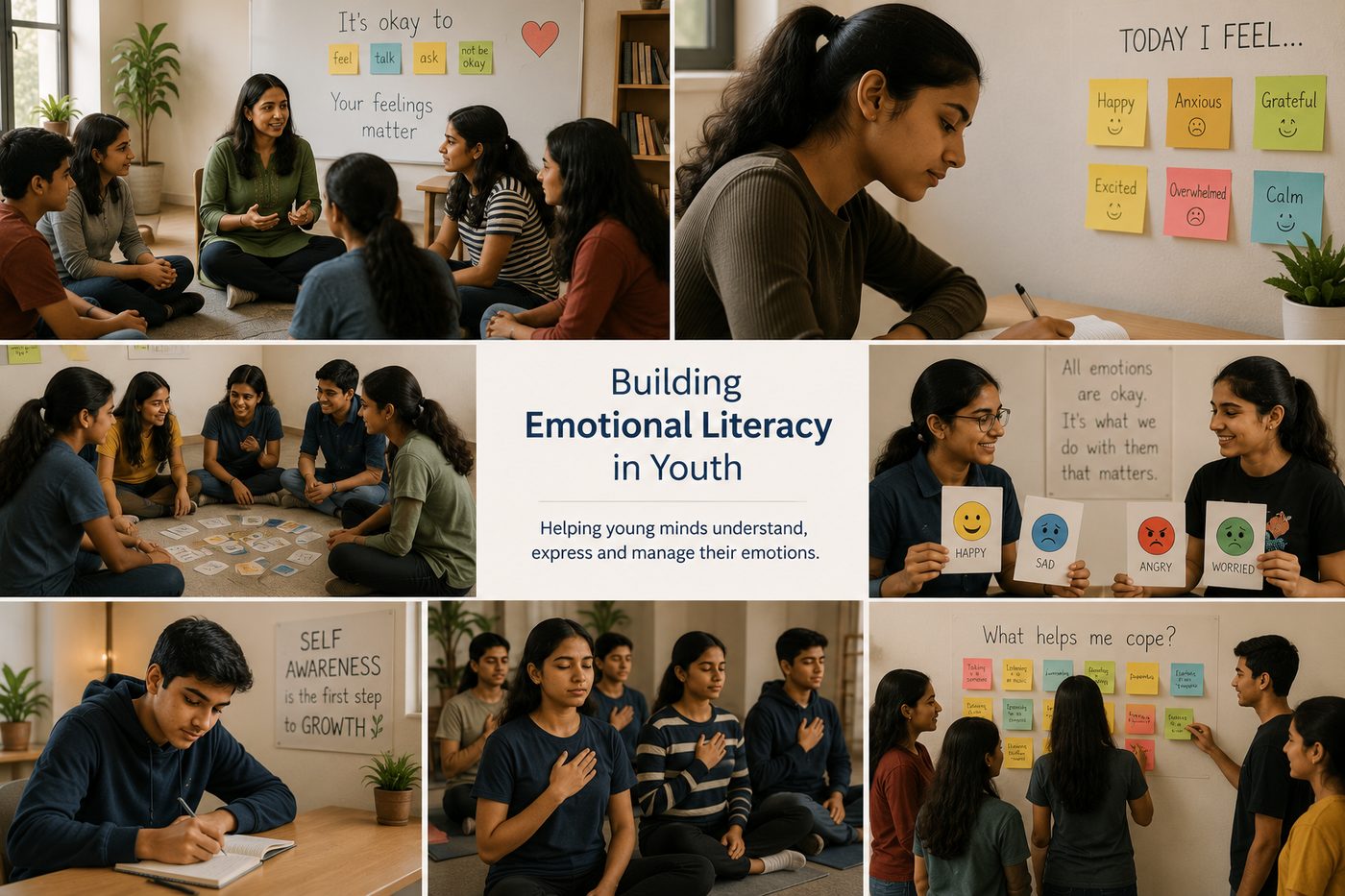 Young people learning to name and express their emotions through group activities, journalling, and reflection