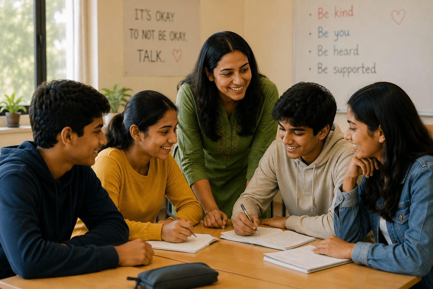 A mentor and young students working together in a supportive classroom, with 'Be kind, be you, be heard, be supported' written on the board