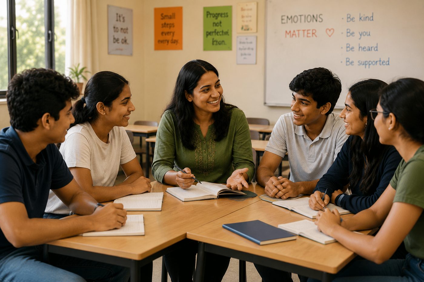 A facilitator leading a wellbeing workshop with students gathered around a table, 'Emotions matter' written on the board